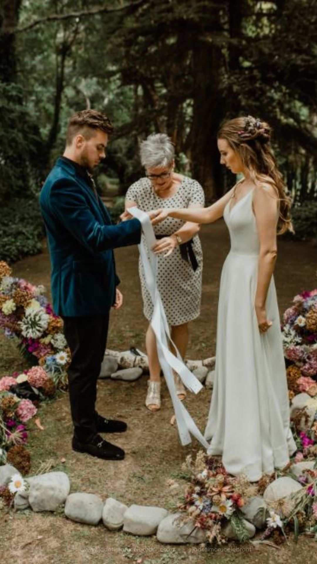 Jade Whaley Marriage Celebrant with wedding couple tying a handfasting at Stonebridge in Geraldine, New Zealand.