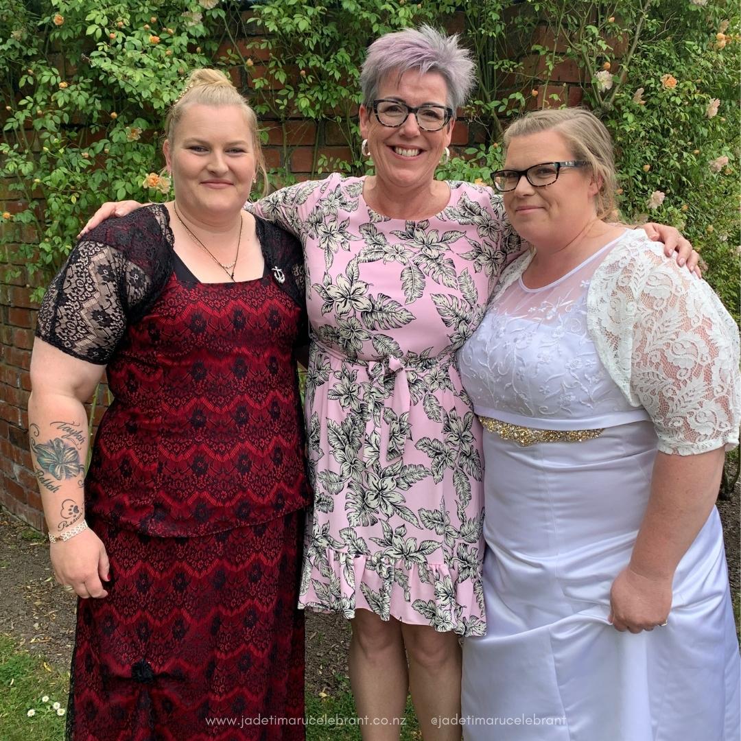 A same-sex couple of two brides just married by Jade Whaley, the Wedding Celebrant at Timaru, Lake Tekapo, Mackenzie District and South Canterbury, who is LTGB and LGBTTQIA friendly.