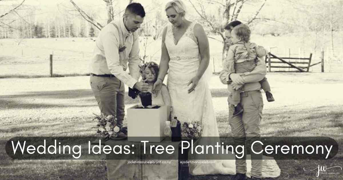 Wedding couple with their children having a tree planting ceremony in NZ with Jade Whaley Timaru Marriage Celebrant