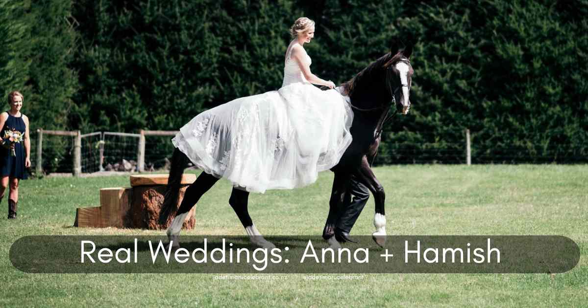 Beautiful bride with long white riding a dark brown horse with white face at a farm wedding. Jade Whaley Timaru Celebrant www.jadetimarucelebrant.co.nz