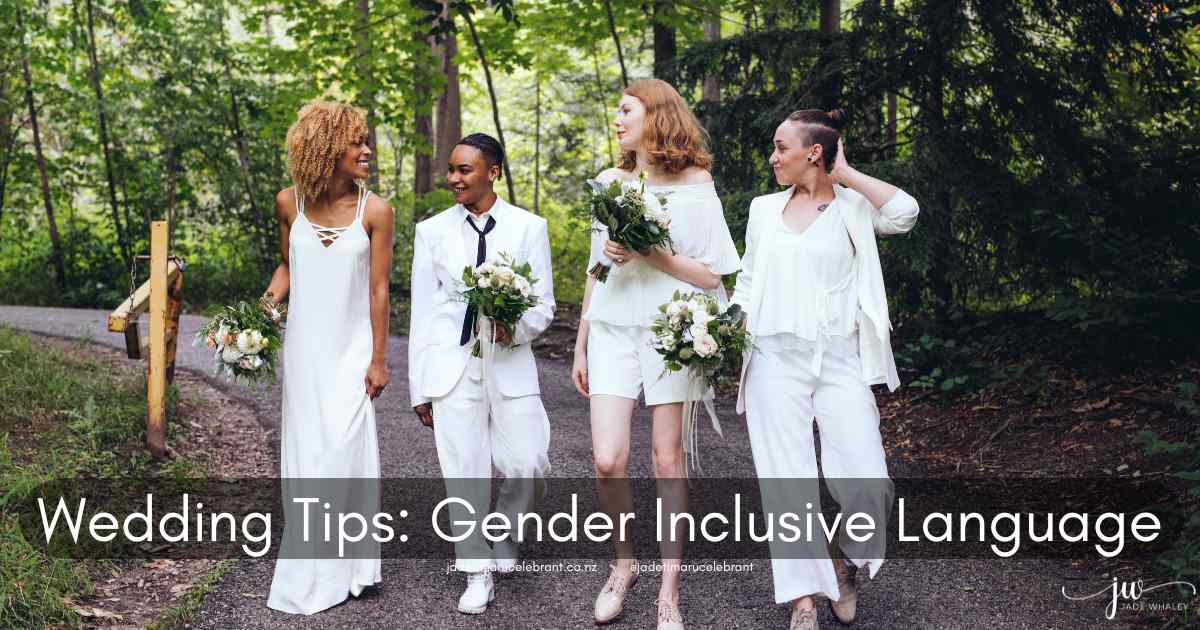 Four gender neutral non-binary people dressed in white at a wedding, walking on a path in a forest. Jade Timaru Celebrant, South Canterbury, New Zealand