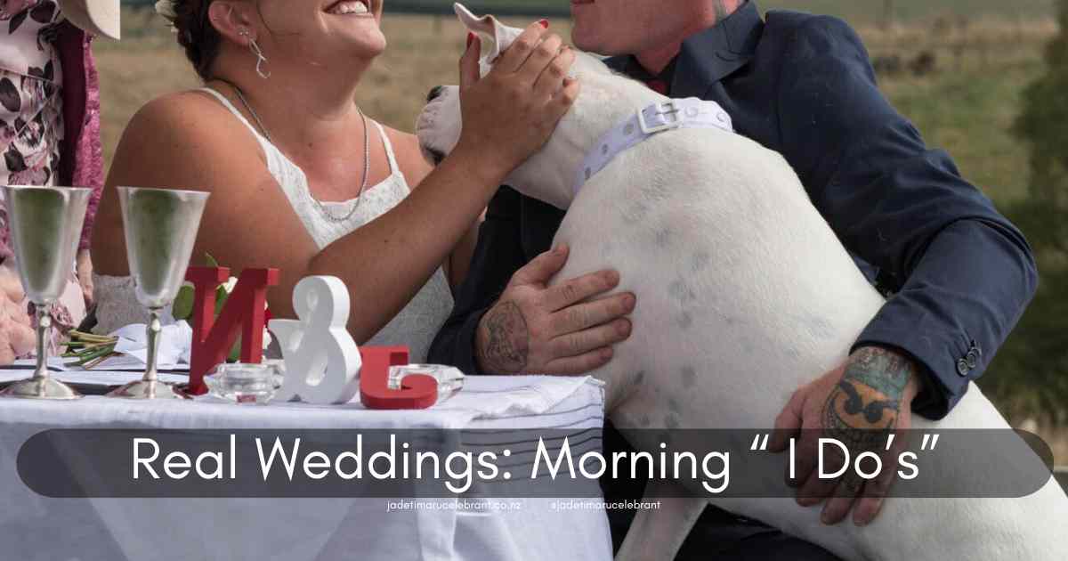 Smiling bride and groom with their white dog on their wedding day. Jade Whaley Timaru Celebrant. www.jadetimarucelebrant.co.nz