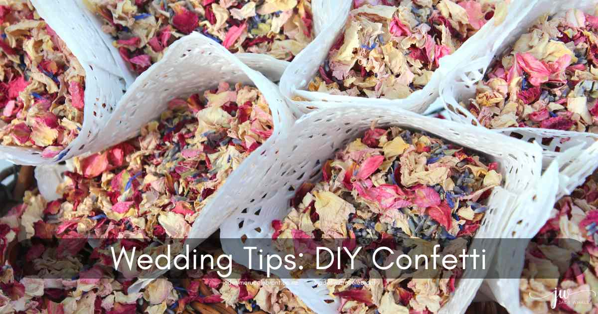 Dried petals in white cones ready for DIY confetti at a wedding. Words say 