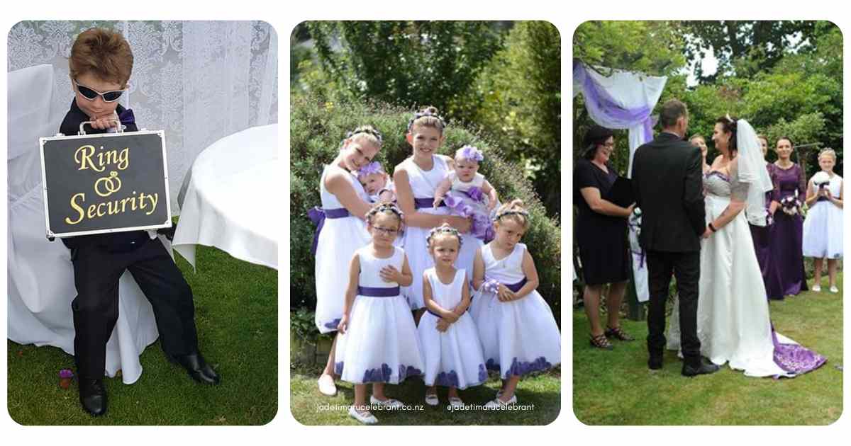 Three photos of a purple-themed wedding. One has a boy with a ring security bag, one of the junior bridesmaids and flower girls and the third photo of a couple getting married with a marriage celebrant. Jade Whaley Timaru Celebrant, South Canterbury. www.jadetimarucelebrant.co.nz