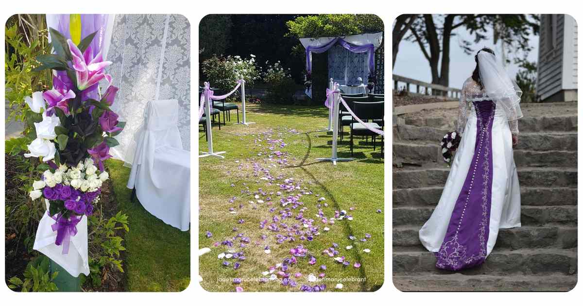Three photos of a purple-themed wedding with the bride in white and purple, with purple flowers and the ceremony set up. Jade Whaley Timaru Celebrant, South Canterbury. www.jadetimarucelebrant.co.nz