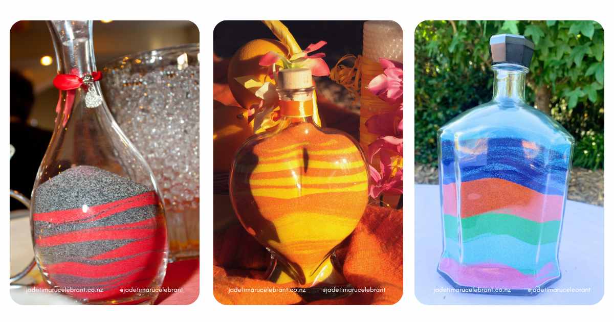 Three individual photos of sand ceremony. One is red and green in a glass vase, with red ribbon and small metal love heart. Second photo is orange and yellow sand on a table with a cork in it. Third photo pink, blue, teal, green, orange and navy sand in an old whiskey jar with black top. 