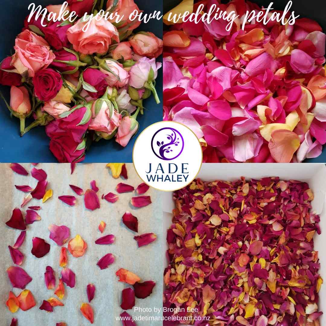 Four pictures show flower petals being made into natural wedding confetti. Fresh roses, spread out, in the oven, then dried--Jade Whaley Timaru Celebrants personal photo. www.jadetimarucelebrant.co.nz