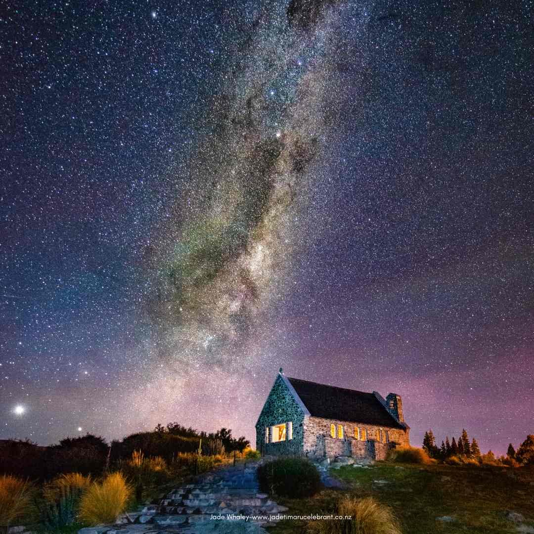 Church of Good Shepherd at night, Milky Way above. Lake Tekapo, New Zealand.