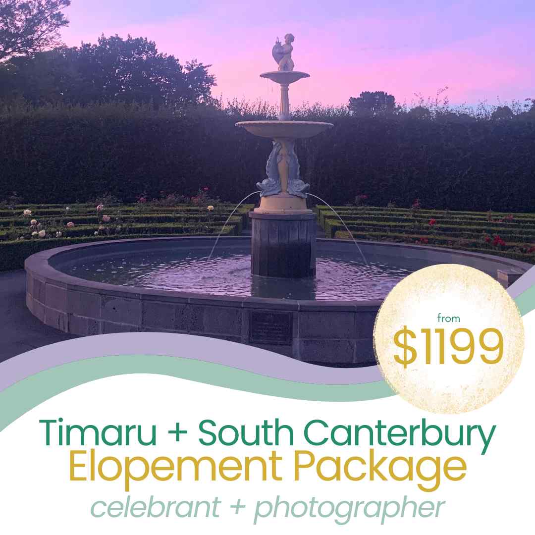 South Canterbury Wedding and Elopement packages with marriage celebrant Jade Whaley. Timaru Botanic Gardens Fountain in New Zealand.