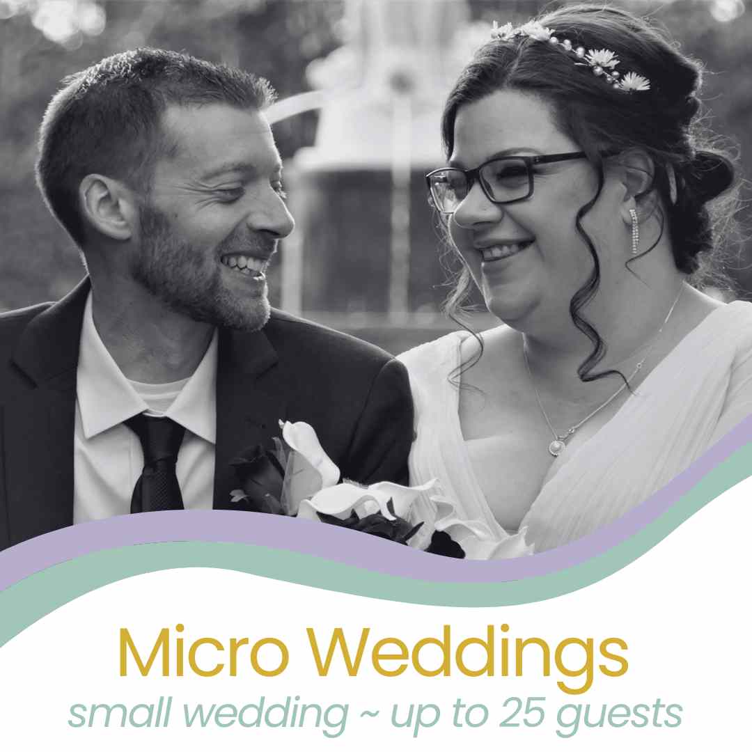 Bride and groom smiling at each other after their micro wedding at Timaru Botanic Gardens.