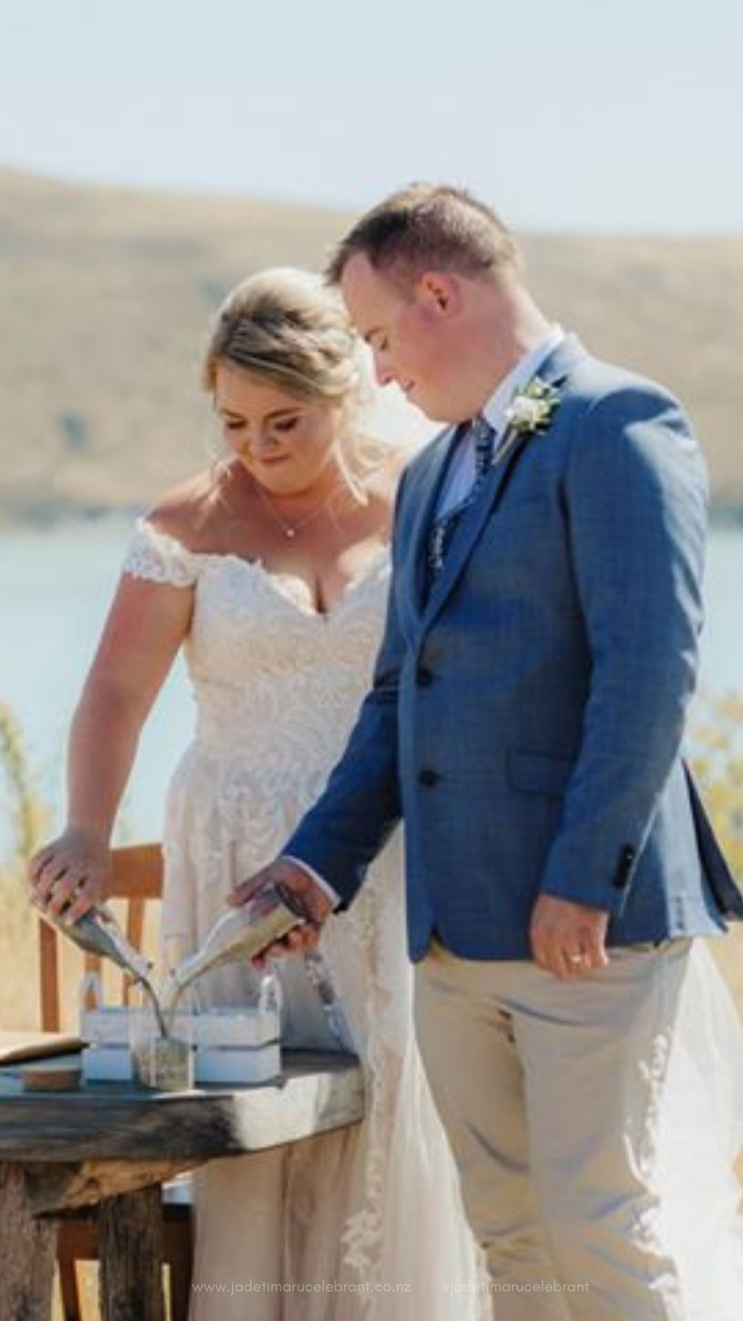 Wedding couple pouring sand into a vase during their marriage ceremony with Jade Whaley celebrant at Lake Tekapo, New Zealand
